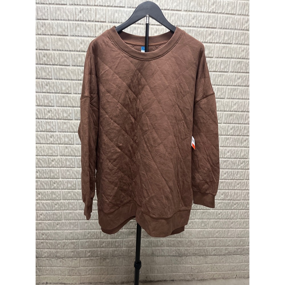 Old Navy Women Brown Quilted Tunic Sweatshirt Oversized Crew Neck XL 763673-00-1
